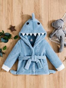 男小童卡通刺繡3D設計連帽腰帶絨毛外套 - 彩色 - 查看 1