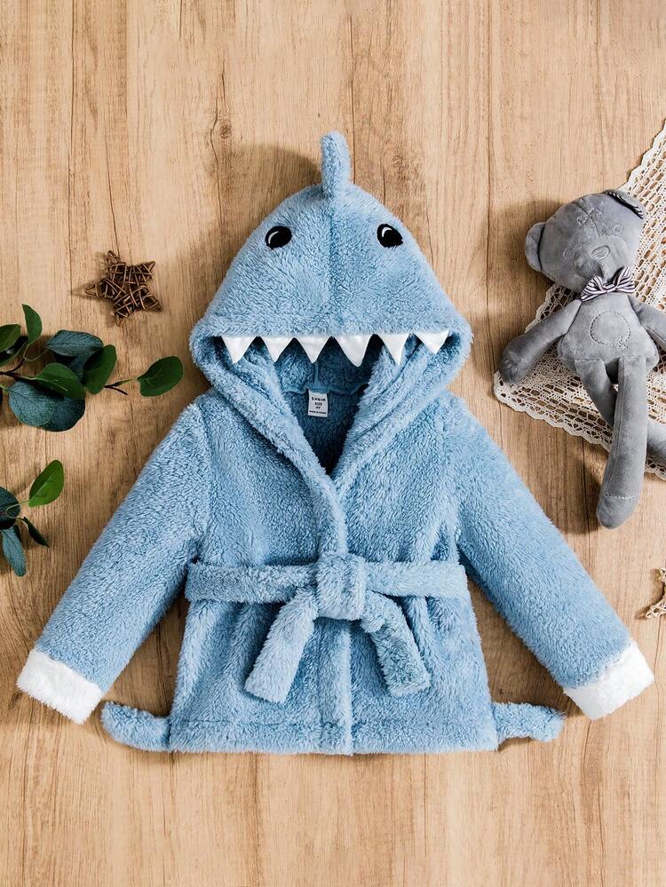 男小童卡通刺繡3D設計連帽腰帶絨毛外套 - 彩色 - 查看 1