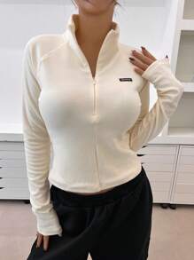 DAZY Letter Patched Detail Raglan Sleeve Mock Neck Tee - Beige - View 1