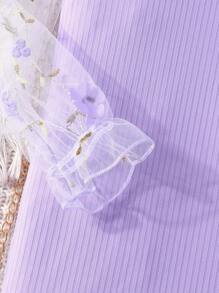 Young Girl Cute And Fashionable Round Neck Long Sleeve Transparent Embroidered Floral Dress, Spring/Autumn New Arrival