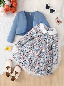 SHEIN 女小童碎花拼接領洋裝&夾克 - 淺藍色 - 查看 8