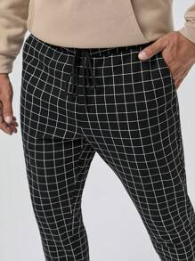 GENTILAND Men Plus Grid Print Drawstring Waist Pants - Black and White - View 6