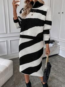 SHEIN Clasi 雙色高領落肩袖毛衣和針織裙 - 黑與白 - 查看 6