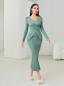 Modelyn Crossover Sweater & Mermaid Hem Knit Skirt - Green - View 4
