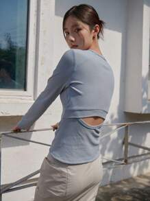 DAZY Áo thun dệt kim gân trơn tay dài cho nữ - Màu xanh nhạt - Xem 2