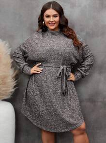 SHEIN LUNE Plus Mock Neck Drop Shoulder Belted Dress - Dark Grey - View 4
