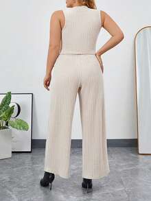 SHEIN Essnce Plus Mock Neck Tank Top & Wide Leg Pants - Apricot - View 2