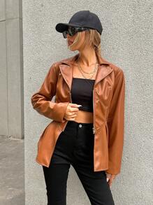 Aveloria Zip Up Peplum PU Jacket Fall Cloth For Women - Champagne - View 3