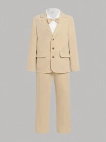 SHEIN 男大童素色西裝外套&前蝴蝶結襯衫和褲子