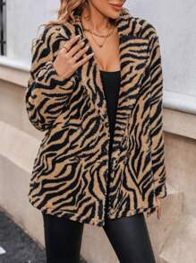 SHEIN LUNE Zebra Striped Pattern Lapel Collar Coat - Coffee Brown - View 4