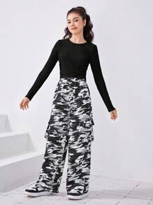 SHEIN Teen Girl Solid Crop Tee & Camo Print Wide Leg Pants - Black - View 3