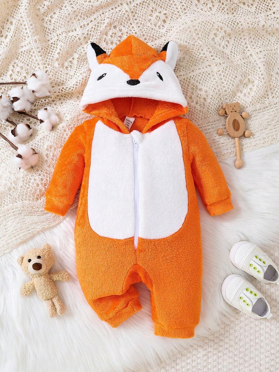 女孩嬰兒卡通刺繡3D耳朵設計連帽連身褲&3D耳朵設計連帽連身褲 - 橘色 - 查看 1