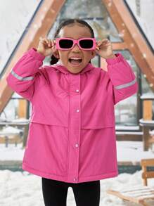 SHEIN Young Girl Contrast Tape Snap Button Hooded Coat,In Fall/Winter - Hot Pink - View 1