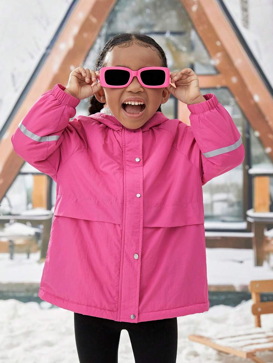 SHEIN Young Girl Contrast Tape Snap Button Hooded Coat,In Fall/Winter - Hot Pink - View 1