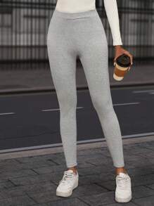 SHEIN LUNE Vẽ Đàn hồi Cao eo Cơ bản Thường xuyên Xà cạp , Giải trí - Xám - Xem 1