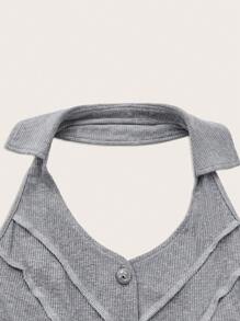 SHEIN MOD Sırtsız Nervürlü Örgü Önden Düğmeli Sade Gündelik Seksi Kadın Atlet & Camiş - Gri - Görünüm 3