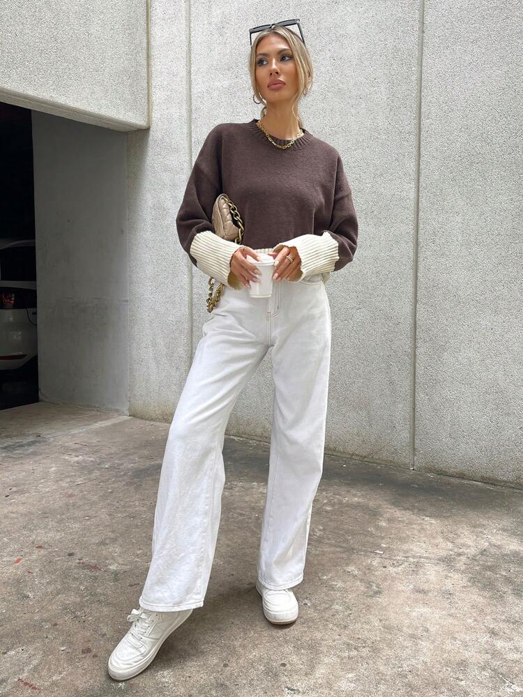 Two Tone Drop Shoulder Knit Pullover Fall Winter Sweater