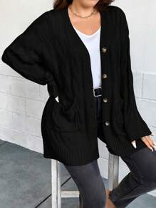 SHEIN Clasi Plus Drop Shoulder Pocket Patched Cardigan, For Winter Fall