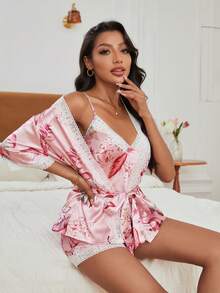 印花蕾絲拼接吊帶背心和短褲&睡袍睡衣套裝 - 彩色 - 查看 4