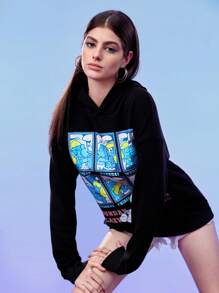 SHEIN X The Smurfs Unisex 1pc Slogan & Cartoon Graphic Drop Shoulder Hoodie - Black - View 3