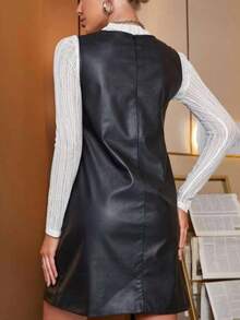 Solid PU Leather Dress Without Top - Black - View 2
