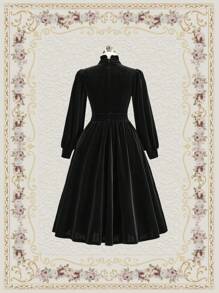 SHEIN DECDS 高領蘭花袖洋裝俱樂部女性套裝長洋裝帶袖子長黑裙復古服裝冬季連衣裙 - 黑色 - 查看 7