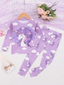 Young Girl Purple Cloud & Unicorn Printed Long Sleeve Top With Long Pants Snug Fit Pajama Set - Mauve Purple - View 1