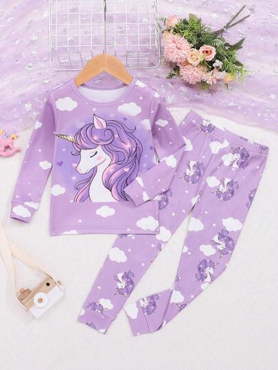 Young Girl Purple Cloud & Unicorn Printed Long Sleeve Top With Long Pants Snug Fit Pajama Set