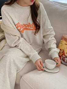 DAZY 字母图案落肩开衩下摆T恤连衣裙，秋装长袖连衣裙 - 灰色 - 查看 5