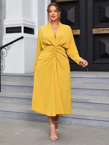 SHEIN Privé Plus Batwing Sleeve Ruched Front Dress - Yellow - View 1