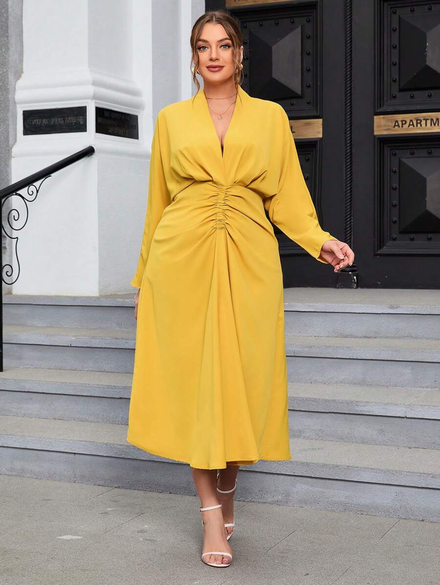SHEIN Privé Plus Batwing Sleeve Ruched Front Dress - Yellow - View 1