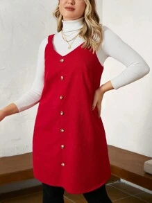 SHEIN LUNE 大碼前紐扣背帶洋裝無毛衣 - 紅色 - 查看 4