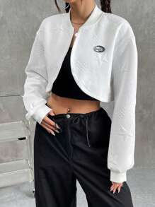 SHEIN EZwear Chi tiết Patched thư Thả vai Mùa vụ Áo khoác bomber - trắng - Xem 4