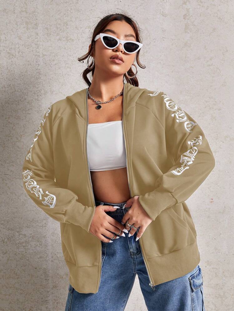 Plus Size Letter Graphic Raglan Sleeve Zip Up Sweatshirt