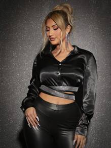 SHEIN SXY 水鑽細節十字交叉後綁帶短款緞面襯衫 - 黑色 - 查看 5