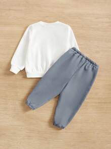 SHEIN 男嬰標語圖案運動衫&腰部抽繩長褲 - 藍白色 - 查看 2