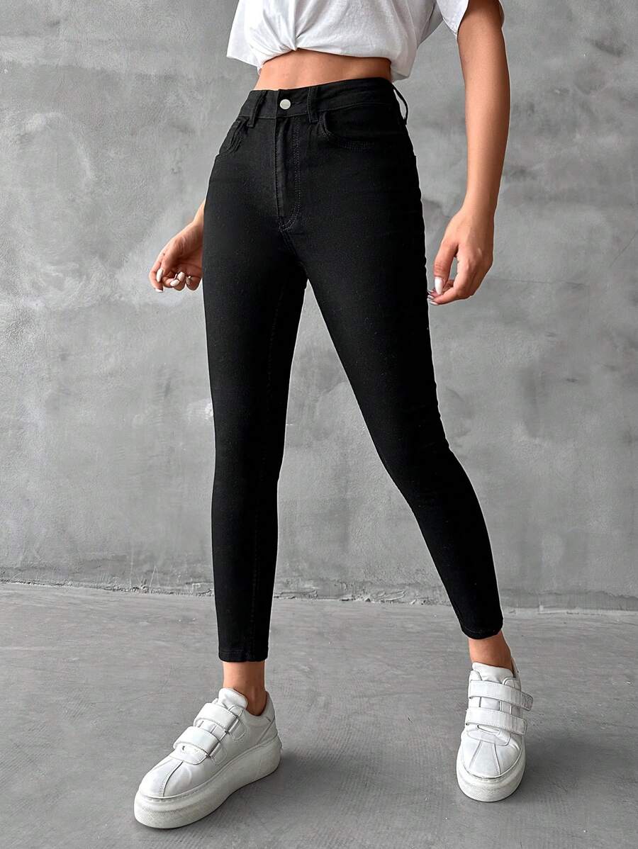 EURMUSE Solid Skinny Cropped Jeans - Black - View 1