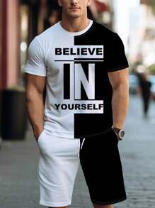 Manfinity Homme Men Plus Letter Graphic Two Tone Tee & Shorts - Black and White - View 1