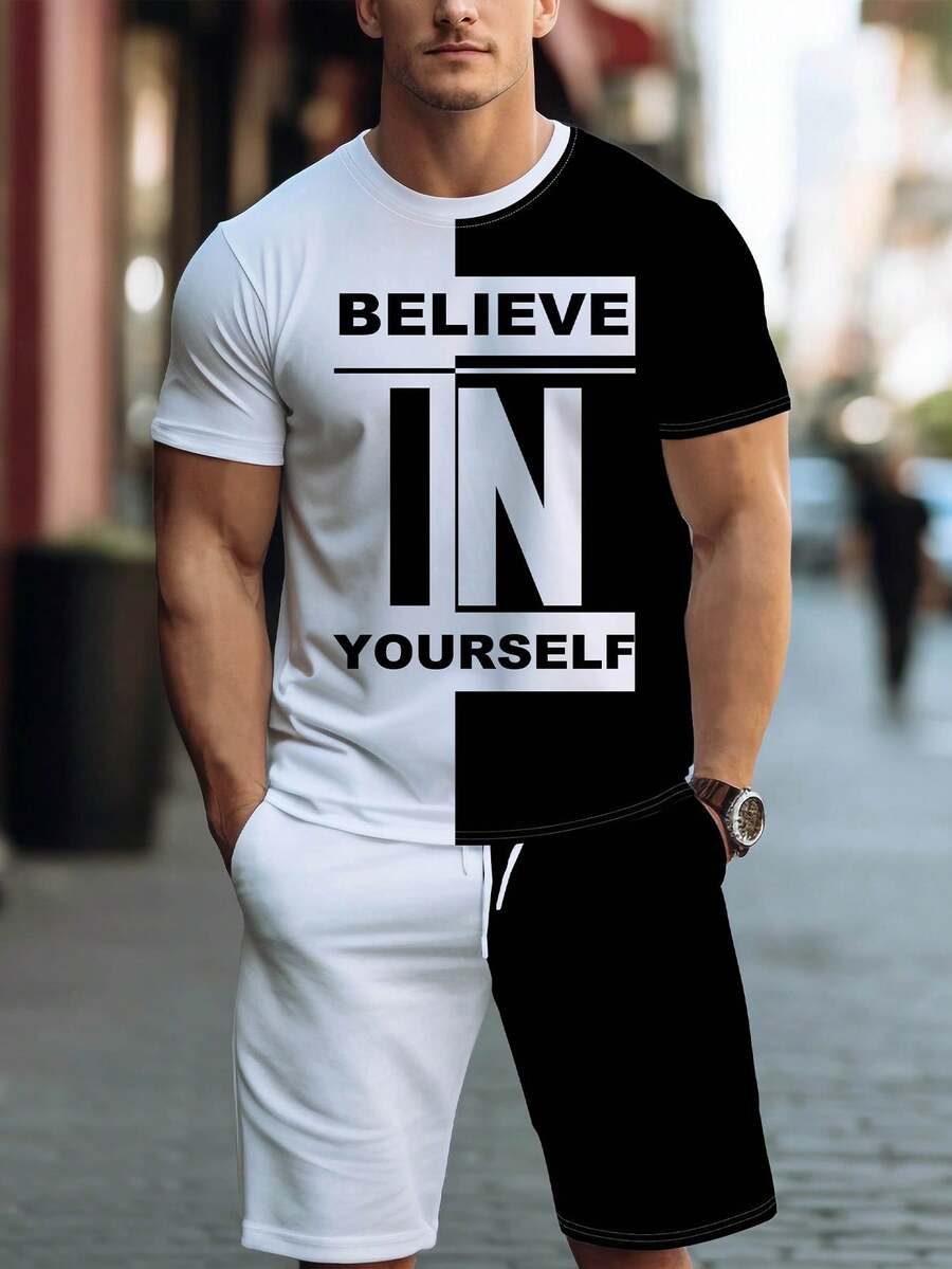 Manfinity Homme Men Plus Letter Graphic Two Tone Tee & Shorts - Black and White - View 1