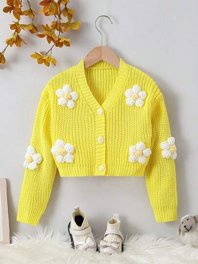 Elladie kids Jonge Meisjes Stereo Bloemen Drop Shoulder Knopen Voorzijde Cardigan Herfst