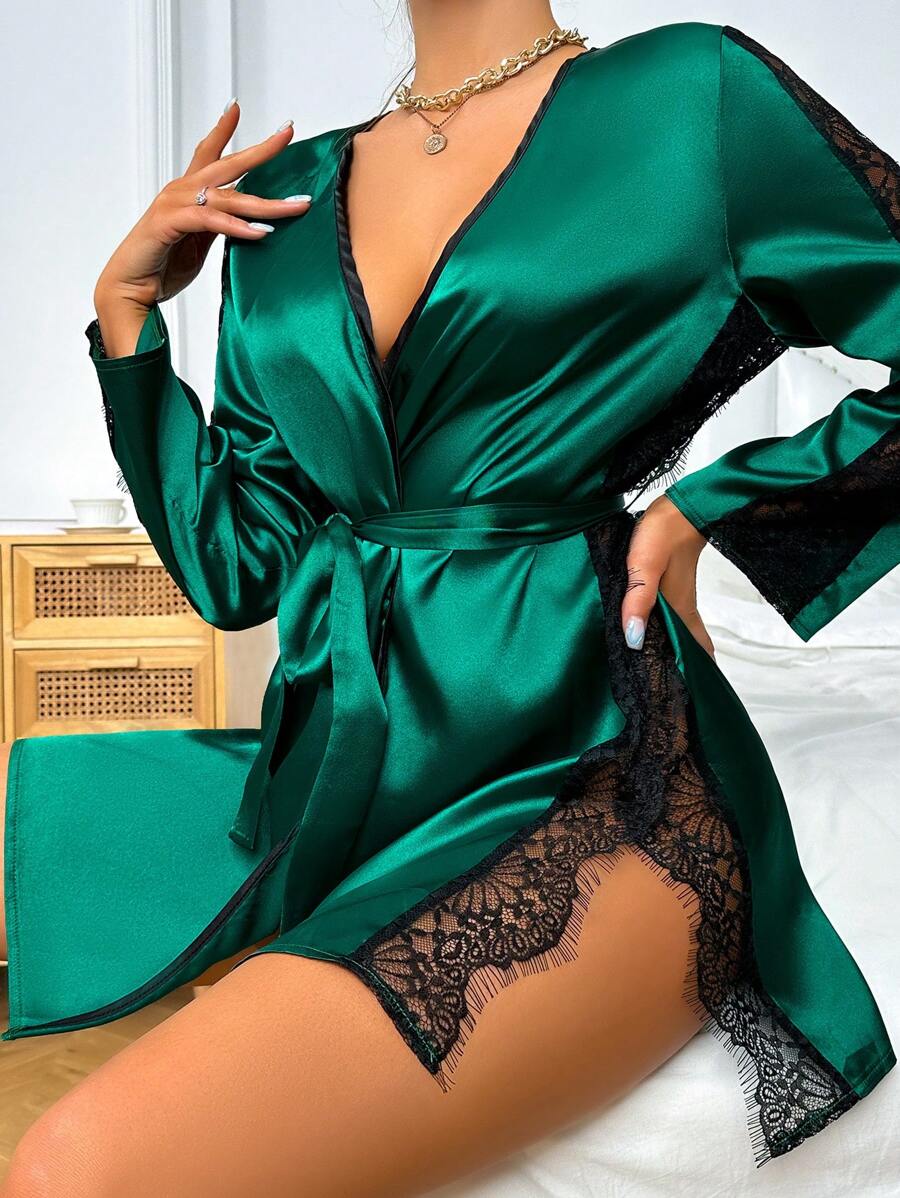 蕾絲拼接腰帶緞面睡袍 - 墨綠色 - 查看 1