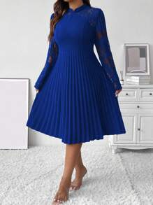 SHEIN Unity 大码优雅通勤纯色蕾丝拼接褶皱连衣裙 - 寶藍色 - 查看 5