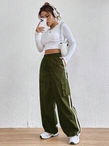 SHEIN EZwear Contrast Tape Side Flap Pocket Side Cargo Pants - Army Green - View 6