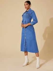 SHEIN Privé Flap Pocket Button Front Denim Dress - Blue - View 4