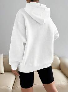 SHEIN Unity 女式休闲印花抽绳连帽长款运动衫 - 白色 - 查看 2