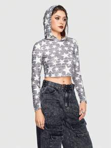 Grunge Punk Camiseta estampado de cráneo crop con capucha - Multicolor - Ver 1