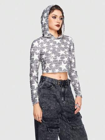Grunge Punk Skull Print Crop Hooded Tee