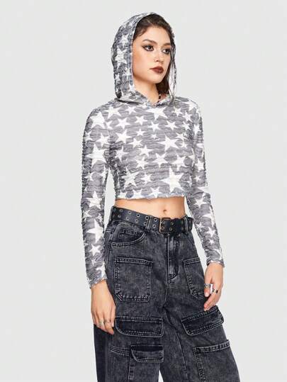 Grunge Punk T-shirt Imprimé Tête De Mort Court À Capuche