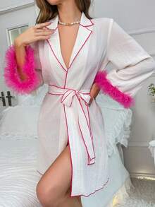 Bata con cinturón de malla en contraste de puño con fruncido ribete unido - Albaricoque - Ver 4