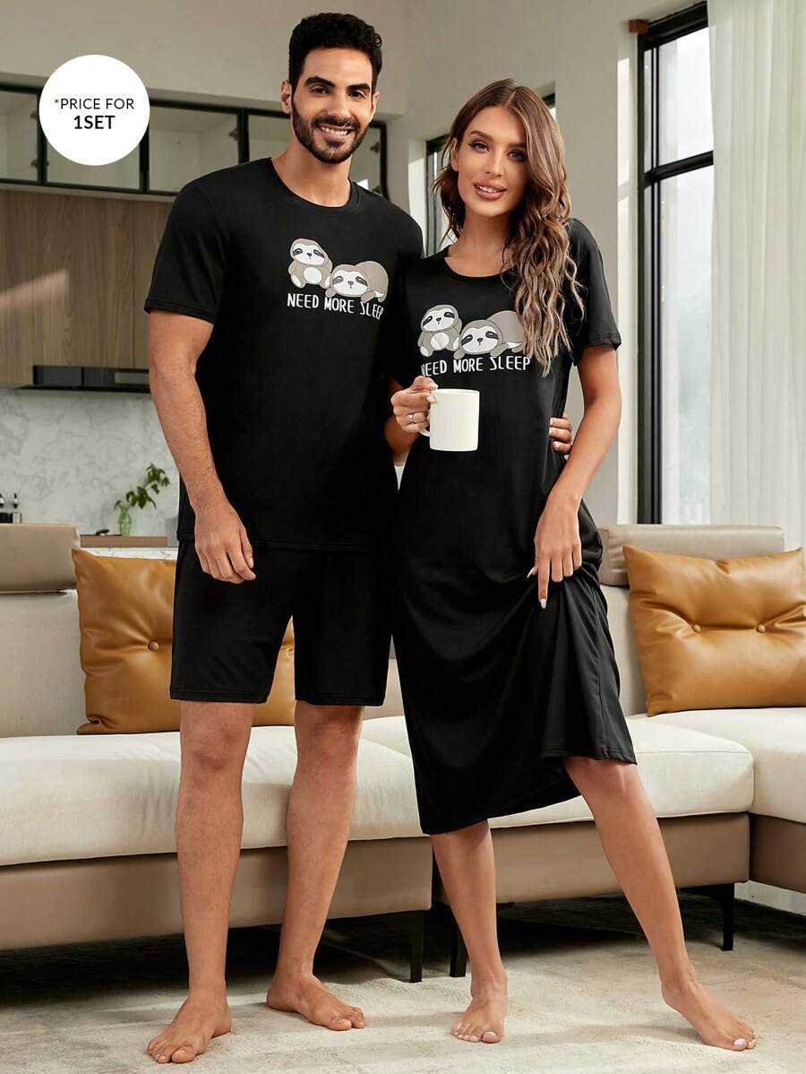 CoupledUp 1入組字母圖案睡衣T恤&1入組睡衣短褲休閒服套裝 - 黑色 - 查看 1